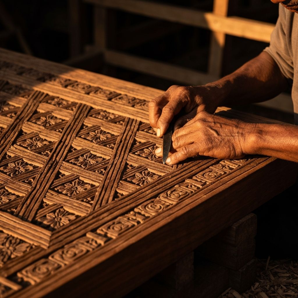 Intricate Newari carving detail in teak wood