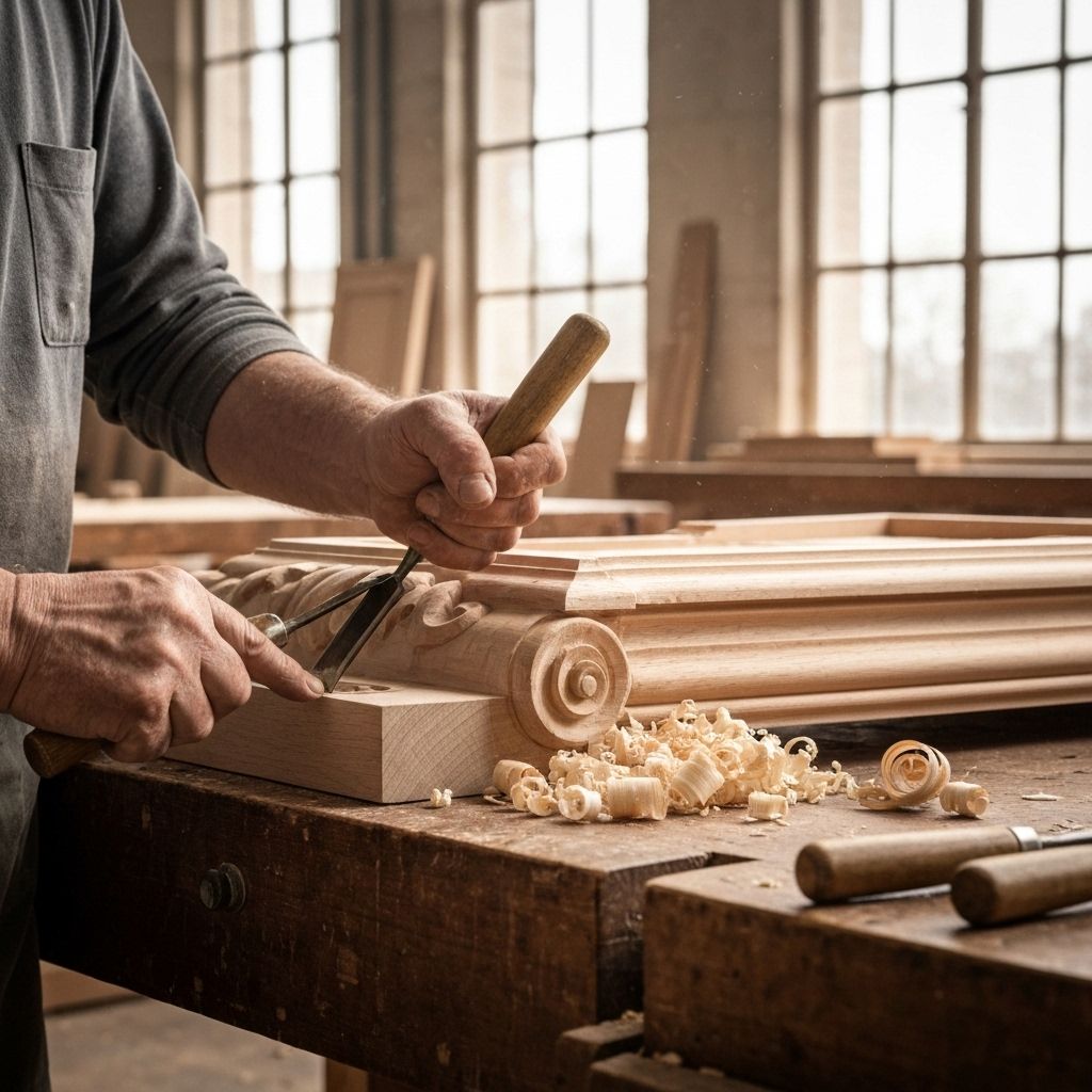 Realistic workshop scene with artisan hands carving Louis Philippe style furniture